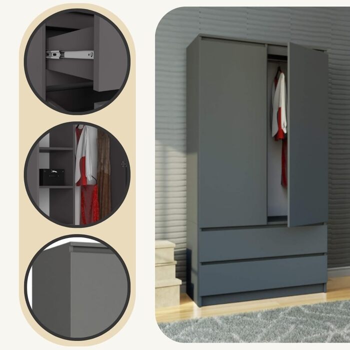 Шафа AKORD з двома дверима S 90 см, 2 шухляди з полицями та однією рейкою для одягу, для шаф з однією спальнею, мінімалістичний стиль, ламінат 16 мм графітово-сірий колір, графітово-сірий 90 см x 180 см x 51 см