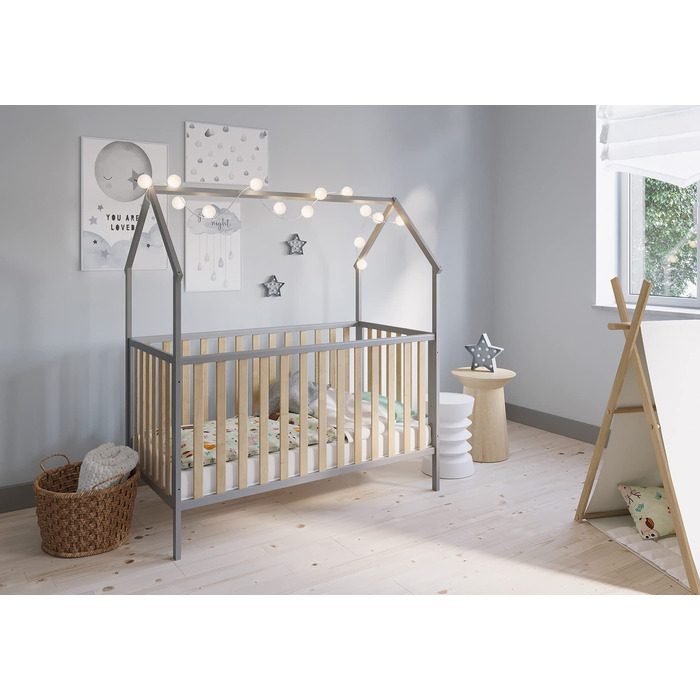 Дитяче ліжко-ліжко-будиночок FabiMax, 70x140 см, виготовлене з сосни, сірого кольору/натурального лаку (Надувний матрац)