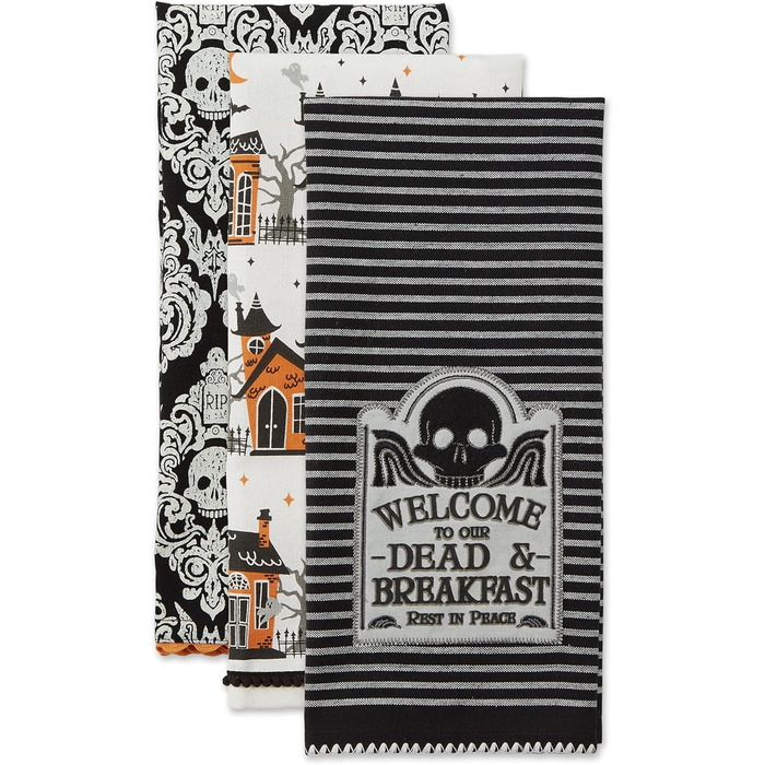 Колекція чайних рушників DII Happy Halloween, оздоблена бавовна, набір кухонних рушників, 45,7 х 71,1 см, дамаск з черепом/будинок