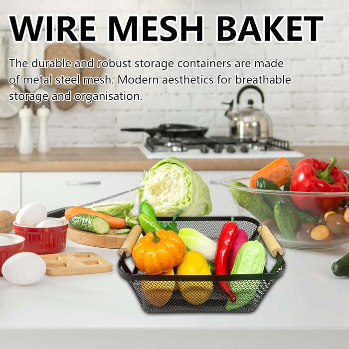 Дротяні кошики, 2 шт. металеві кошики, кошики для зберігання, кухонний кошик з дерев&39яними ручками, підвісний органайзер для фруктових кошиків, багатофункціональні сітчасті металеві кошики, полиці-кошики для кухні, комори, ванної кімнати, спальні