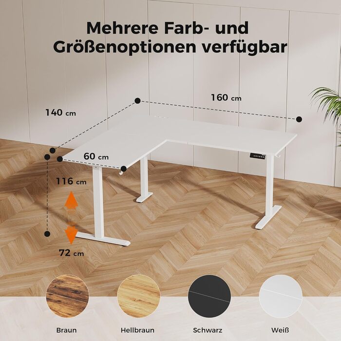 Г-подібний стіл Agilestic з регульованою висотою, 160 x 140 см, кутовий стіл з електрорегулюванням висоти, ергономічний стіл для роботи сидячи та стоячи, комп&39ютерний стіл, білий, 160 x 140 см