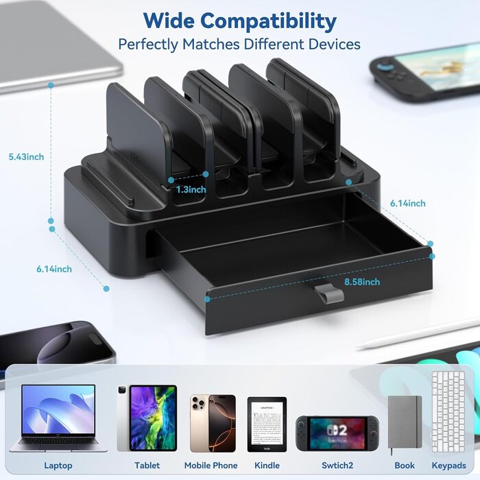 Універсальна підставка для ноутбука KDD 7-в-1 з висувною шухлядою компактний органайзер для MacBook, Dell, HP, Chromebook, Surface Pro, планшетів, телефонів, Switch та клавіатур з надійним гравітаційним фіксатором