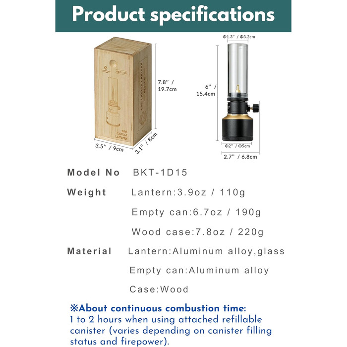Газовий ліхтар для кемпінгу CAMPINGMOON з газовою свічкою та порожнім баком чорного кольору BKT-1D15