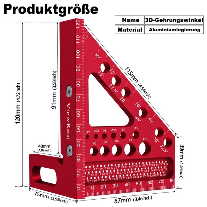 Кут скосу Багатофункціональний кутомір 22,5-90 Алюмінієвий сплав Високоточний макет Вимірювальний інструмент Інструмент для скрайбінгу Деревообробні вимірювальні інструменти для столяра, інженера Червоний, 3D
