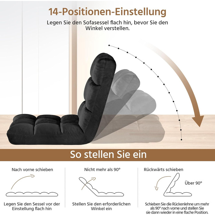 Складане підлогове крісло Yaheetech, лінивий диван, складне розслаблююче крісло, крісло для медитації, підлогове крісло з регульованою спинкою, крісло для читання для дому або офісу, чорний плюшевий