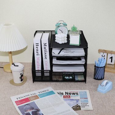 Сітчастий настільний органайзер з вертикальним тримачем для файлів, 5-ярусним лотком для паперу з висувною шухлядою та 2 тримачами для ручок, настільний органайзер з тримачем для журналів для офісного приладдя Black1