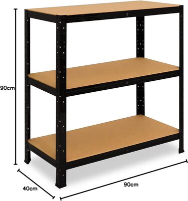 Чорний надміцний стелаж/Металевий стелаж, 3 полиці, вантажопідйомність 175 кг кожна/Полиця для зберігання, полиця для підвалу, полиця для дому/Металева полиця, стояча, В 90см / Ш 90см / Г 40см, 90x90x40