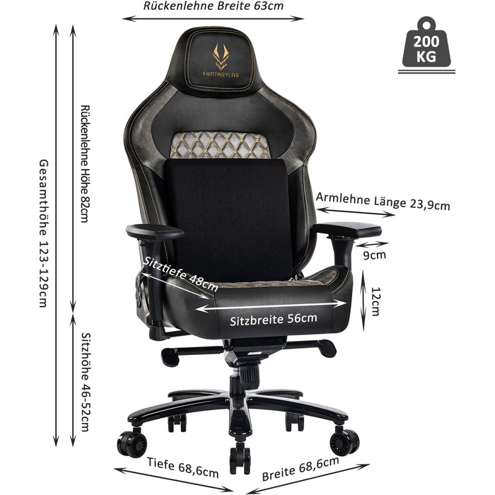 Ігрове крісло Fantasylab, вантажопідйомність 200 кг, офісне крісло, регульовані підлокітники 200 кг, 4D-геймерське крісло з поперековою опорою, крісло керівника, ергономічне письмове крісло, чорний/сірий