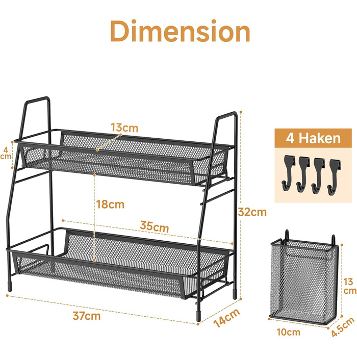 Стійка для спецій, 2-рівневий кухонний органайзер, металевий органайзер для шаф, стоячий органайзер для ванної кімнати, полиця для кухонної стільниці для кухні, ванної кімнати, офісу, чорний