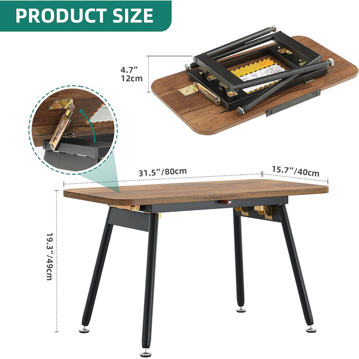 Складаний журнальний столик YITAHOME, 80 x 40 x 45 см, Портативний журнальний столик із 5-позиційним регулюванням стільниці, Не потребує встановлення, Приставний столик для вітальні, Журнальний столик, Колір горіха