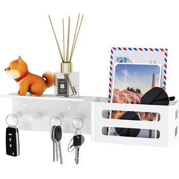 Ключниця з полицею, металева ключниця настінна з 5 гачками для ключів біла настінний органайзер для пошти ключниця для зберігання