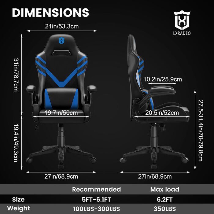 Ергономічне ігрове крісло з масажною поперековою подушкою, офісне крісло для ПК в гоночному стилі зі штучної шкіри, ігрове крісло з підлокітниками, вантажопідйомність до 159 кг, синій колір