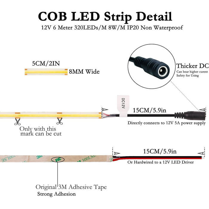 Світлодіодна стрічка JOYLIT 12V COB 6 М тепла біла 3000K для приміщень 320 світлодіодів/м CRI 90 Самоклеюча, гнучка світлова стрічка для шафи, полиці, шафи, сходів (тільки світлодіодна стрічка) 3000k 6M COB