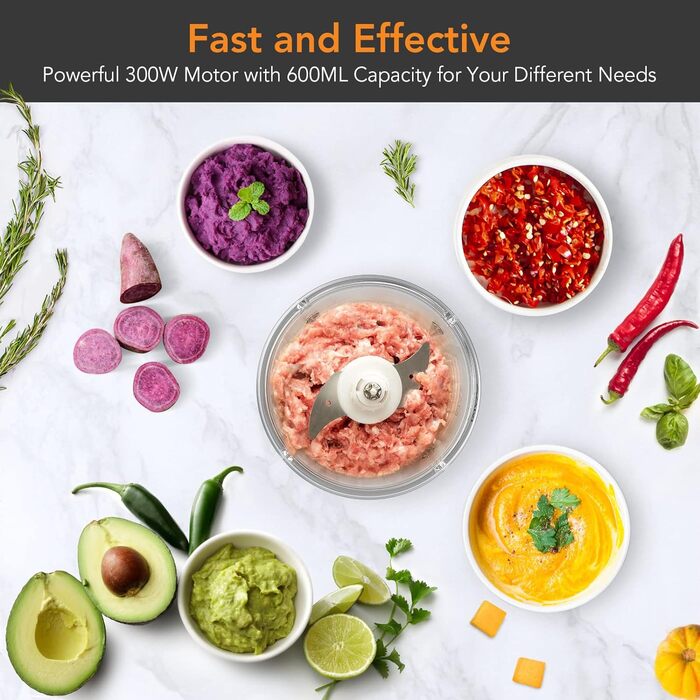 Кухонний електричний подрібнювач Acekool, мультиподрібнювач цибулі потужністю 300 Вт зі скляним контейнером 600 мл, подрібнювач овочів, електричний блендер, мультиподрібнювач - 2 рівня швидкості - BC7