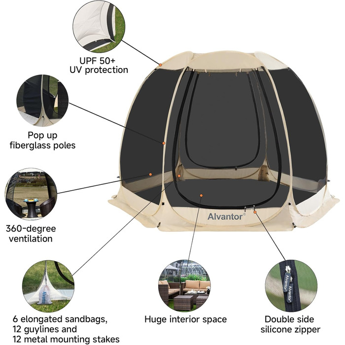 Павільйон-ширма Alvantor для 6, 10, 15 осіб, розкладний намет-іглу з москітною сіткою з боків, стійкий до ультрафіолету сонцезахисний тент для саду, патіо, заднього двору, 10&39x10&39 бежевий