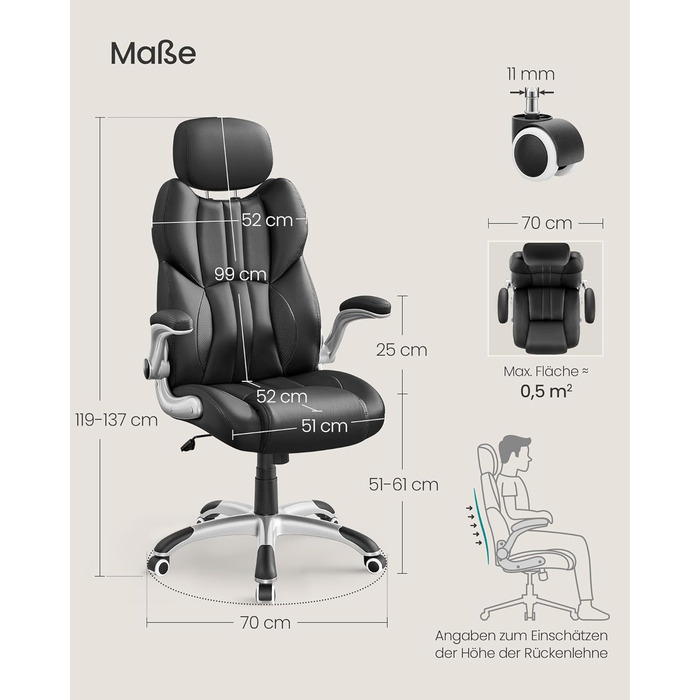 Офісне крісло SONGMICS, ігрове крісло, регульований підголівник, функція гойдання, письмове крісло, регульовані підлокітники, універсальні колеса, регульована висота, чорний колір OBG65BK