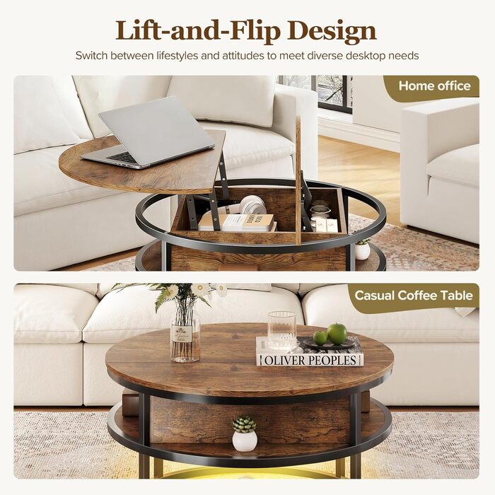 Круглий журнальний столик Dripex, діаметр 81 см, регульований по висоті бічний столик із прихованим місцем для зберігання, вітальня з підйомною стільницею, журнальний столик, дерев&39яний стіл для вітальні, офісу 80*80*47