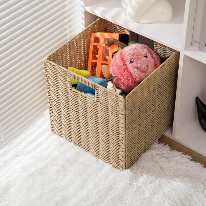 Набір із 4 предметів кошик з полицями Kallax Expedit/плетений кошик Kallax / 30,5 x 30,5 x 30,5 В см/пластиковий кошик з полицями/складаний кошик, плетений кошик/полиця-коробка для зберігання/кошик для зберігання, складний кошик з полицями, бежевий, 02