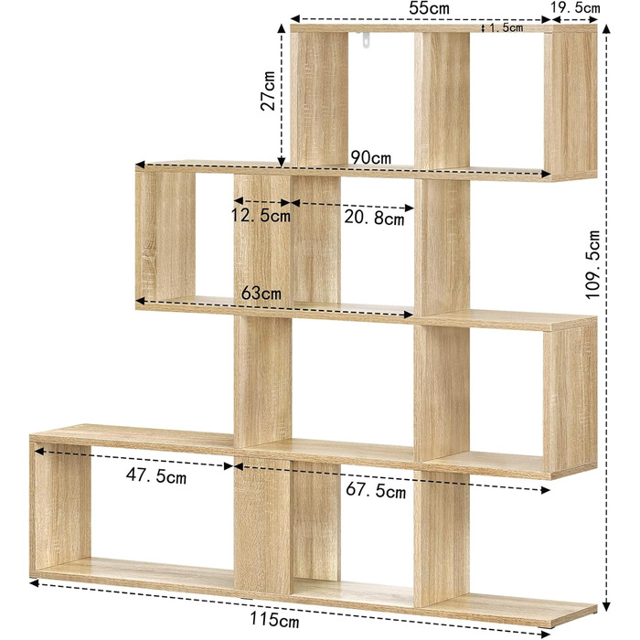 Рівнева книжкова полиця, полиця-перегородка кімнати з 11 відкритими відділеннями, окремостояча полиця для сходів, полиця-ступінь, для вітальні, спальні, офісу, 115x109,5x19,5 см, світлий дуб, 4-
