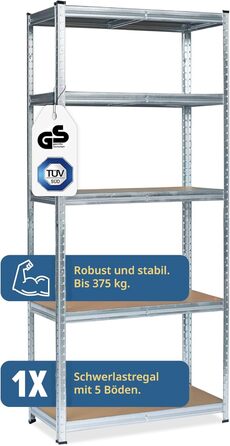 Міцний стелаж Grafner з 5 полицями з МДФ, максимальне навантаження 375 кг, закруглені кути, 75x30x172 см, стелаж без ригелів, полиця для зберігання, полиця для підвалу