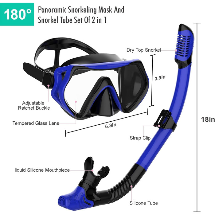 Набір для сноркелінгу JRing для дорослих, маска для дайвінгу та комплект для сухого сноркелінгу, окуляри для плавання із захистом від протікання та запотівання, маска для сноркелінгу, маска для дайвінгу для чоловіків та жінок, чорнийсиній