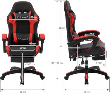 Ігрове крісло ML-Design з підставкою для ніг, червоне, штучна шкіра, ергономічне офісне крісло з підлокітниками, підголівником, поперековою опорою, регульоване поворотне крісло, гоночне ігрове крісло, стілець для офісу, поворотне крісло