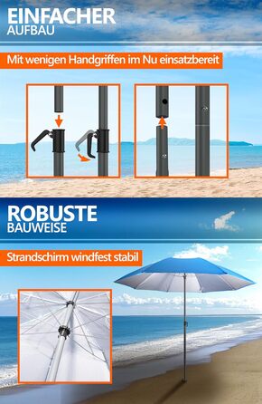 Пляжна парасолька Menz Ø 160 см - Функціональна дорожня парасолька UPF 50 для валіз - Практична, маленька складна пляжна парасолька, компактна пляжна парасолька, що поміщається у валізу, синя