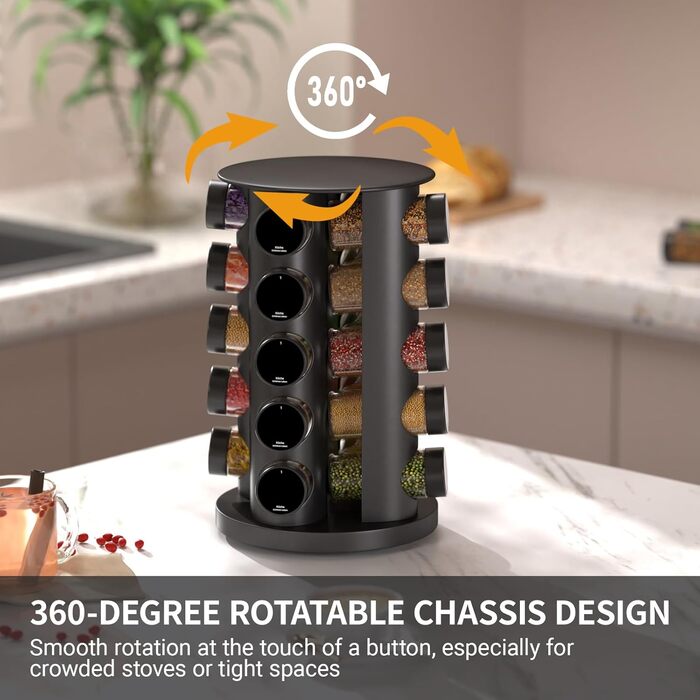 Кругла чорна підставка для спецій з 20 чорними круглими банками для спецій, карусель для спецій з нержавіючої сталі, що обертається на 360, органайзер для спецій, підставка для спецій, банки для спецій зі вставкою-шейкером, кругла банка для спецій B 20