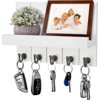 Ключниця Kldgris з полицею, дерев'яна ключниця, декоративна дерев'яна настінна ключниця, з 5 гачками для ключів, для входу, передп