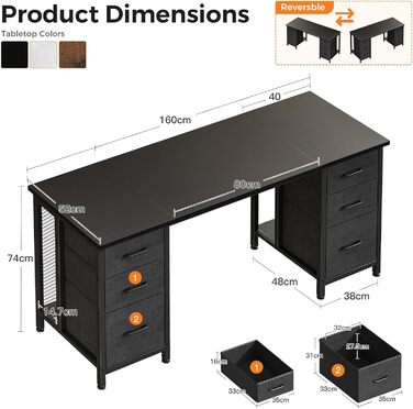 Комп&39ютерний стіл Coleshome з 6 шухлядами, 160x52 см, ПК стіл з полицями для домашнього офісу, чорний Чорний 160x52 см