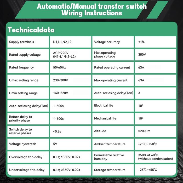 Автоматичний та ручний вимикач живлення 63A 220V з цифровим дисплеєм, регульованим значенням, подвійним вимикачем живлення ATS для аварійних пристроїв, інструкцією з монтажу DIN
