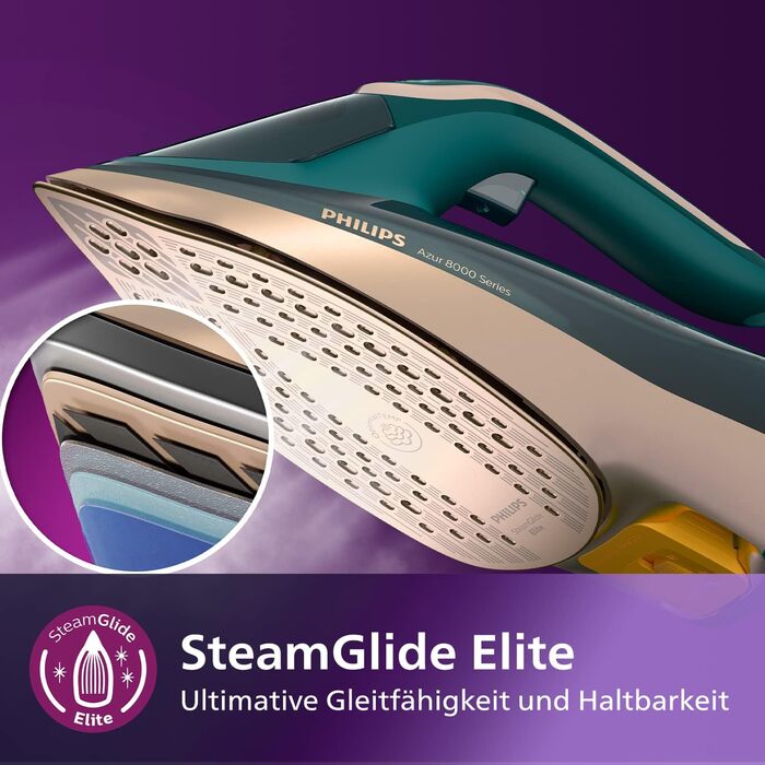 Парова праска Philips серії Azur 8000 - безперервна подача пари 70 г/хв, турбопароутворення 240 г, потужність 3000 Вт, технологія