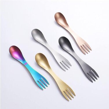 Набір із 5 виделок та ложок 2-в-1, портативний кухонний посуд із нержавіючої сталі для кемпінгу, подорожей, пікніків, офісу та використання на свіжому повітрі