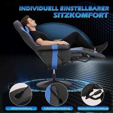 Геймерське крісло з функцією масажу, регульоване по висоті ігрове крісло з висувною підставкою для ніг та підсклянником, ергономічне офісне крісло з підголівником, поворотне гоночне геймерське крісло (синє)