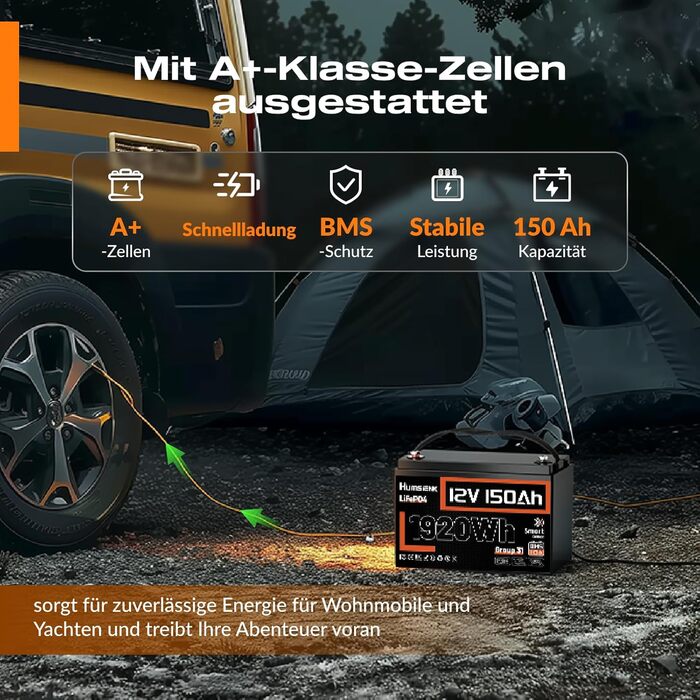 Акумулятор Humsienk 12V 150Ah LiFePO4 з Bluetooth, 110A BMS 1920Wh глибокого циклу літієвої батареї, захист від низьких температур, ідеально підходить для автофургонів, тролінгових моторів, яхт, човнів 12V 150AH-Bluetooth