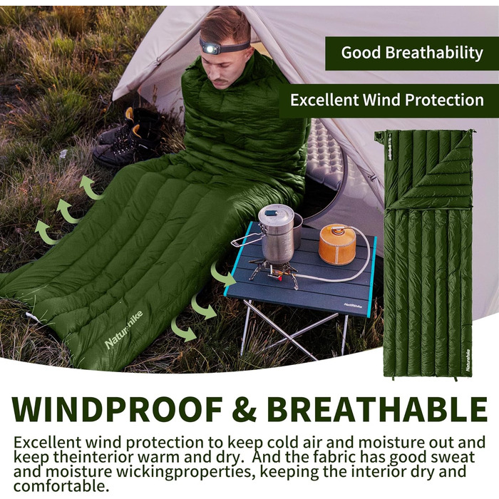 Натуральний пуховий спальний мішок Naturehike, ультралегкий, компактний портативний конверт 650 FP, зимовий спальний мішок на 3-4 сезони з невеликим розміром упаковки для кемпінгу на свіжому повітрі CW295-армійський зелений-650FP