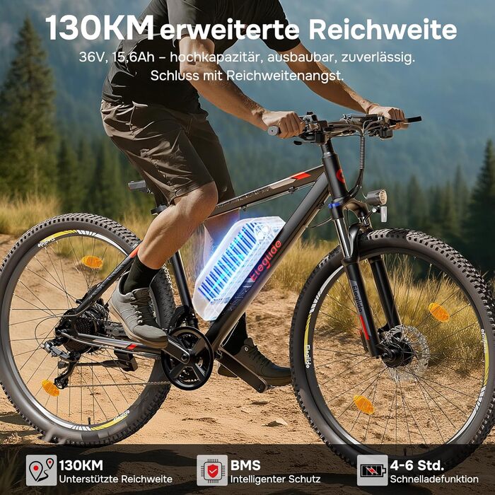 Дюймів, для чоловіків та жінок, з гідравлічними дисковими гальмами, акумулятор 36 В 15,6 Аг, запас ходу до 130 км, позашляховий електровелосипед, 21 передача, електровелосипед із застосунком, Mopride 2, 27,5/29