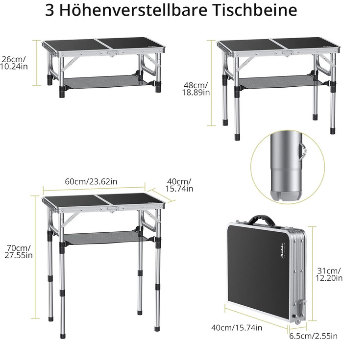 Стіл для кемпінгу Anbte, розкладний стіл 60x40 см, алюмінієва рама з 3 регульованими висотами 26/48/70 см, стіл для пікніка з сіткою для зберігання, портативний багатофункціональний стіл для кемпінгу, пляжу, балкону (чорний) сірий