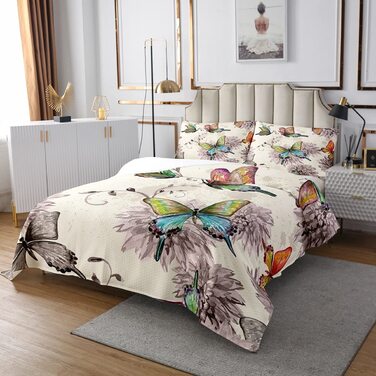 Стьобане покривало з метеликами та акварельними квітами, 220x240, комплект барвистих ковдр для жінок, дівчат та підлітків, декор спальні в стилі вінтажного гранжу, мульти 2 220x240