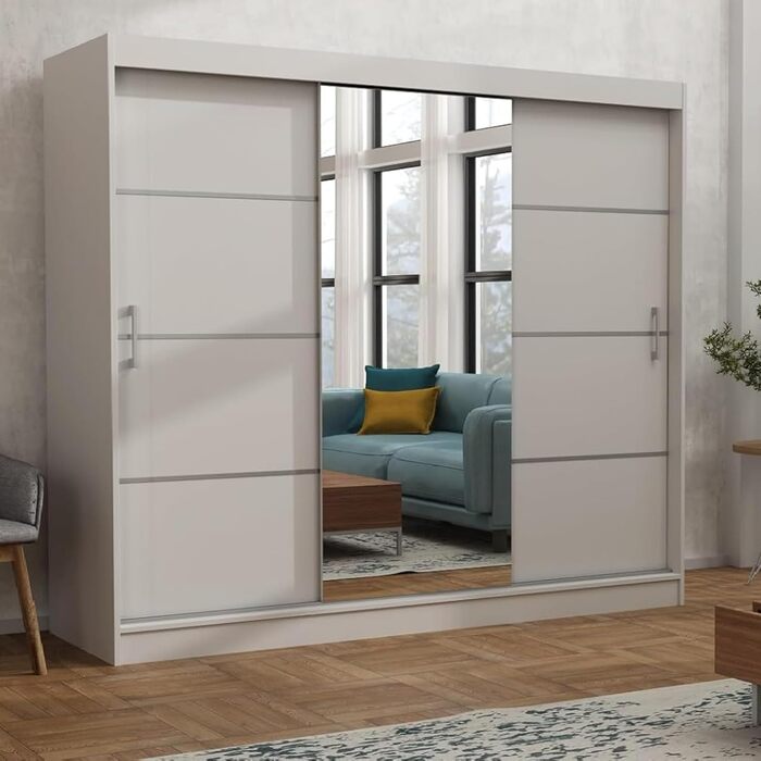 Шафа з дзеркалом шириною 240 см Windsor Tomy I Шафа для спальні з 2 рейками для одягу та полицями для одягу I Шафа Біла Біла - Дзеркало 240 см