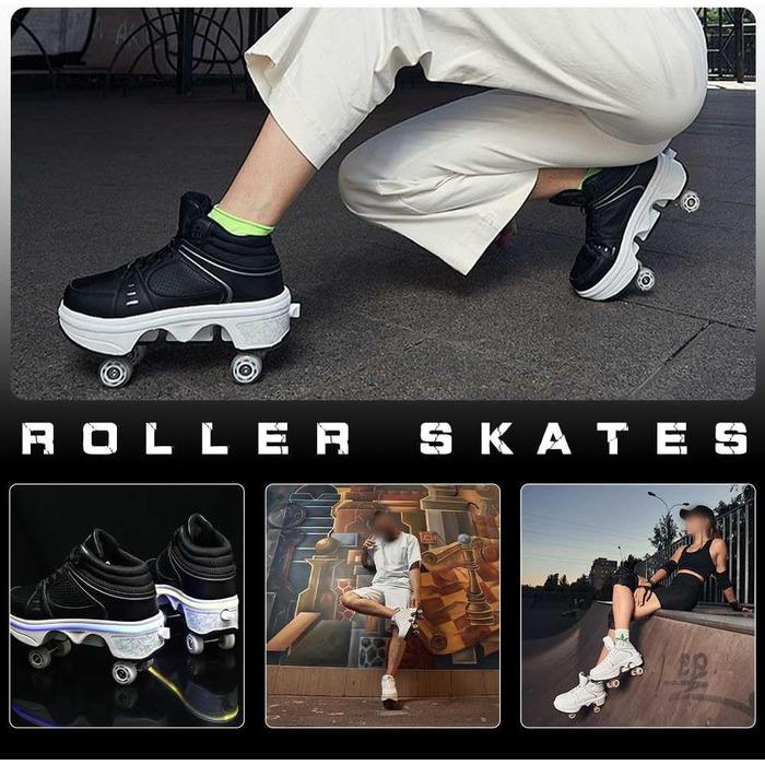 Роликові ковзани для хлопчиків та дівчаток, скейтборд взуття зі світлодіодними миготливими вогнями, 4-колесне автоматичне висувне, зручне спортивне взуття для дітей та дорослих, чорне, розмір 35 EU