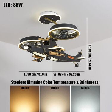 Стельовий світлодіодний світильник PAZWAHF 88W, стельовий вентилятор зі світлодіодним підсвічуванням, регульованою швидкістю вітру