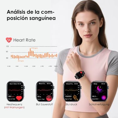 Розумний годинник YUPENG з ЕКГВСР/кров&39яним тиском/сечовою кислотою/ІМТ, 1,95-дюймовий AMOLED сенсорний фітнес-годинник з функцією телефону, 24-годинний монітор сну/серцевий ритм/SpO2/екстрений виклик SOS Android iOS Чорний