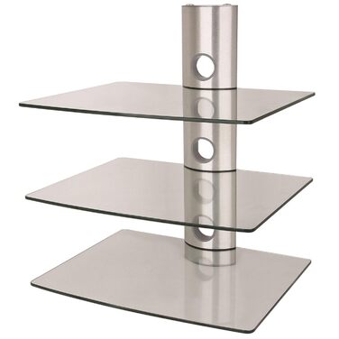 Підвіс для полиці NEG HiFi 503S, консольна стійка HiFi, настінна полиця, плаваюча (срібляста), з 3 великими скляними полицями (прозора) та системою організації кабелів, сріблястий, 3 полиці