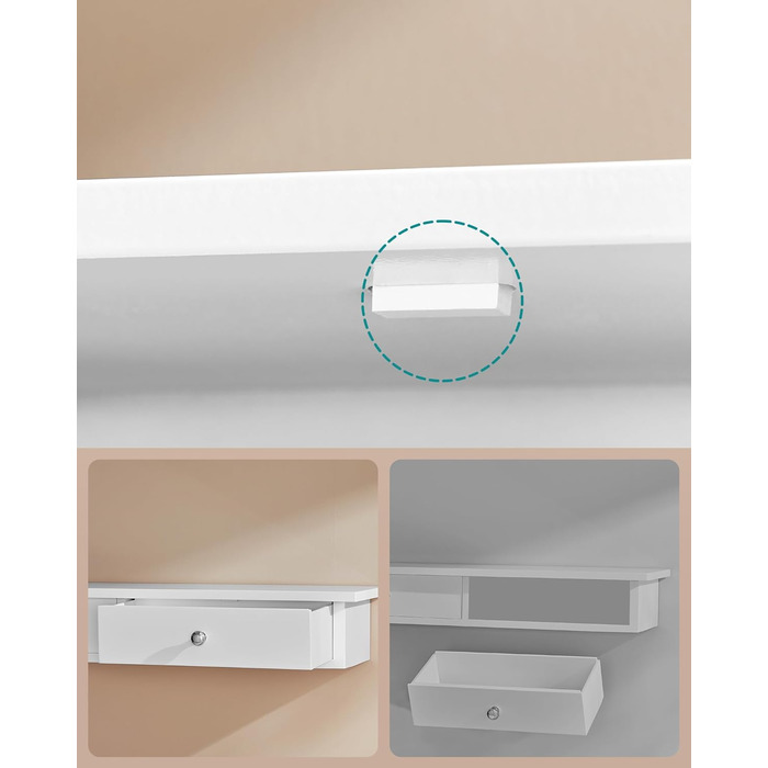 Настінна полиця SONGMICS, плаваюча полиця з 2 шухлядами, вантажопідйомність до 15 кг, 15 x 65 x 10 см, для коридору, вітальні, офісу, легке складання, компактна, сучасна, біла LWS65WT