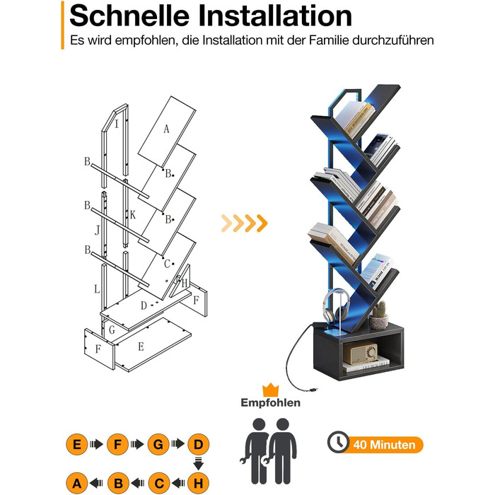 Книжкова полиця Coleshome у формі дерева, 6-ярусна окремостояча полиця, дерев&39яна книжкова полиця зі світловою стрічкою, підходить для вітальні та спальні, чорна