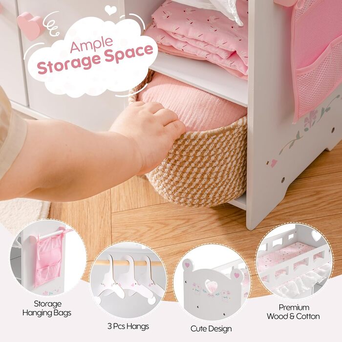 Ліжечко для ляльок ROBOTIME - Дерев&39яний пеленальний столик для ляльок з місцем для зберігання - Постільна білизна та гачки, підходить для ляльок 45,7-53,3 см, Ігровий набір для ляльок-ліжечок для дівчаток віком від 3 років