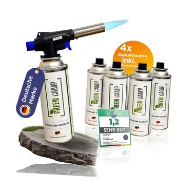 Газовий пальник GREEN CAMP з картриджем 227 г Зварювальний пальник, макс. температура 1300C Паяльна лампа з п&39єзорозпалом Кухонний пальник Бунзена (4 газові картриджі)