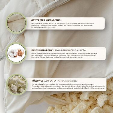 Регульована по висоті подушка для шиї з натурального латексу розміром 40x80 см з окремою внутрішньою подушкою та стьобаним чохлом зі 100 органічної бавовни - Зроблено в Німеччині
