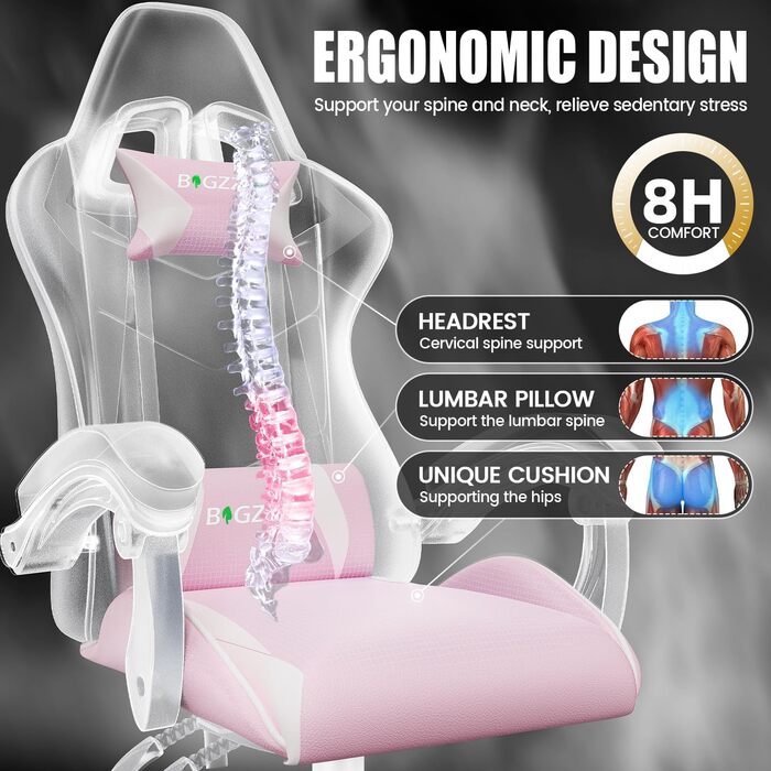 Ігрове крісло bigzzia, спинка з нахилом 90-135, ергономічне ігрове крісло з підголівником та підлокітниками, дихаюче комп&39ютерне крісло для підлітків, хлопчиків, дівчаток та дорослих, рожеве, базові стилі